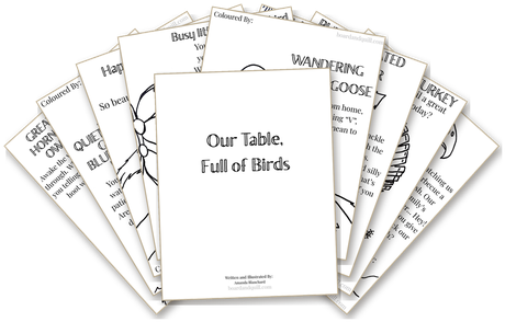 A fanned preview of the full Our Table, Full of Birds colouring pack, the cover and several hand-drawn bird pages.